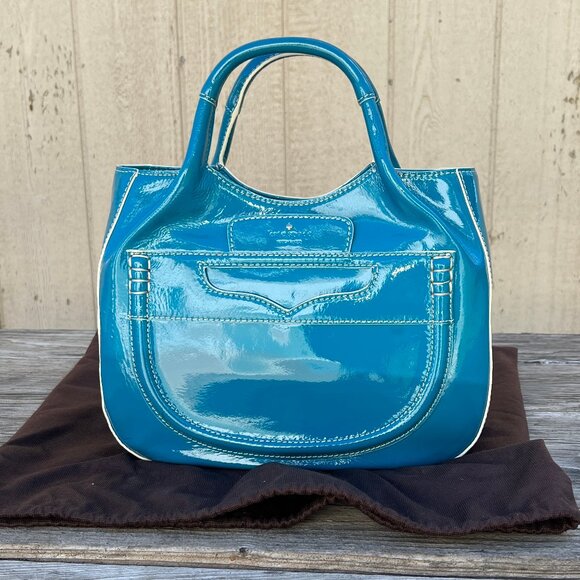 kate spade Handbags - Unused Kate Spade Teal Patent Leather Satchel Bag Structured White Stitching